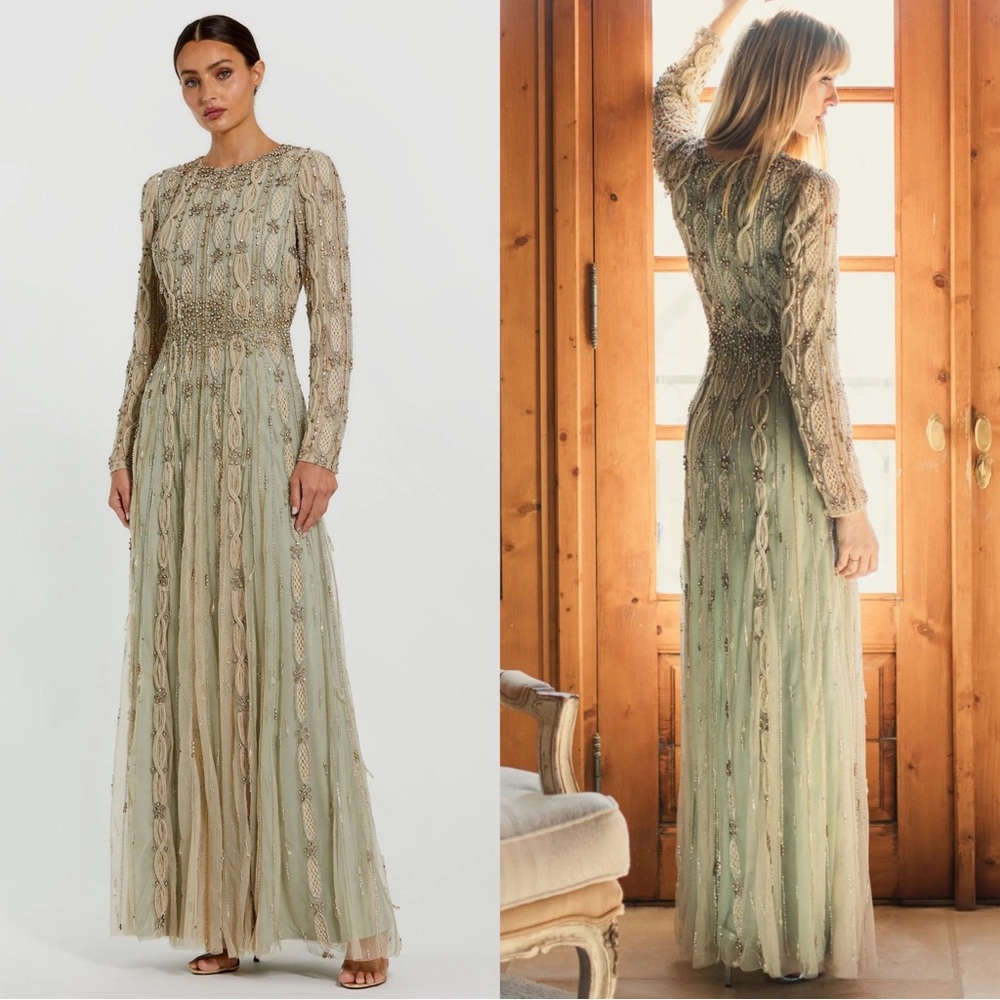 Mac Duggal Sage Green and Gold Embellished Long Sleeve Maxi Dress